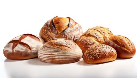 An array of freshly baked sourdough breads with distinct artisanal patterns, isolated on a white backgroundの写真素材