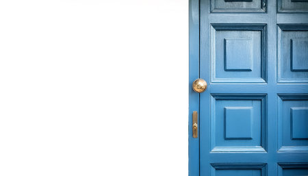 blue vintage antique wooden door on side position provides copy space for text. background concept isolated whiteの写真素材