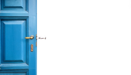 blue vintage antique wooden door on side position provides copy space for text. background concept isolated whiteの写真素材