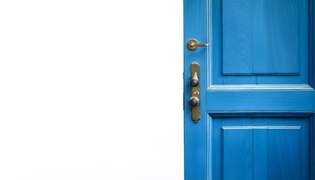 blue vintage antique wooden door on side position provides copy space for text. background concept...