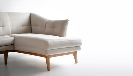 Chic modern sofa with button tufts and angular wooden legs on side position provides copy space for...