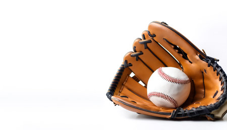 a baseball glove and ball on side position provides copy space for text. background concept isolated whiteの写真素材