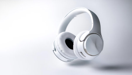 White metallic white wireless headphones in the air on side position provides copy space for text. background concept isolated whiteの写真素材