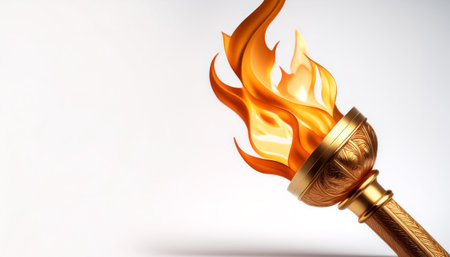 A golden torch emitting bright orange flames on side position provides copy space for text. background concept isolated whiteの写真素材