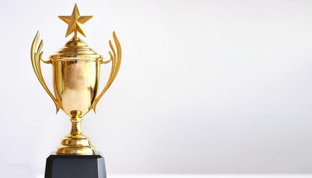 A golden trophy with a star on top on side position provides copy space for text. background concept isolated whiteの写真素材