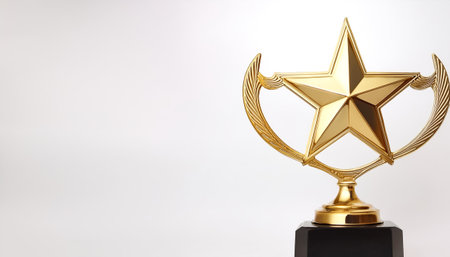 A golden trophy with a star on top on side position provides copy space for text. background concept isolated whiteの写真素材