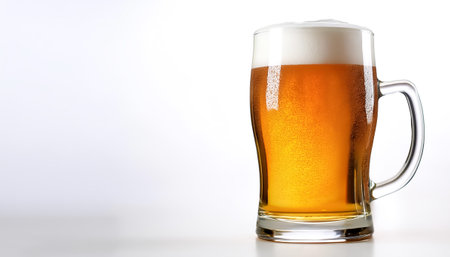 A clear pint glass brimming with golden beer and a creamy foam top on side position provides copy space for text. background concept isolated whiteの写真素材