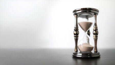 A classic hourglass filled with sand marking the passage of time on side position provides copy space for text. background concept isolated whiteの写真素材