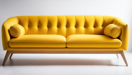 Yellow Chic modern sofa with button tufts and angular wooden legs on side position provides copy space for text. background concept isolated whiteの写真素材