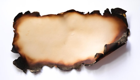 A piece of old parchment paper displaying burnt edges on side position provides copy space for text. background concept isolated whiteの写真素材