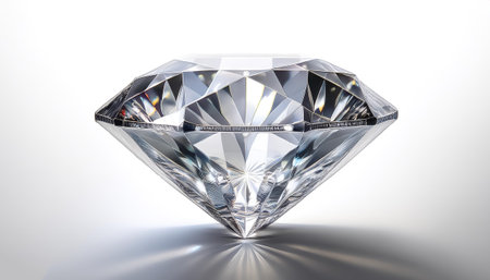 A sparkling diamond with precise, intricate facets reflects light beautifully in a controlled studio environment during daylight hours on side position provides copy space for text. background concept isolated whiteの写真素材
