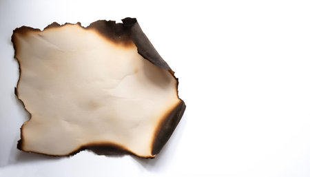 A piece of old parchment paper displaying burnt edges on side position provides copy space for text. background concept isolated whiteの写真素材