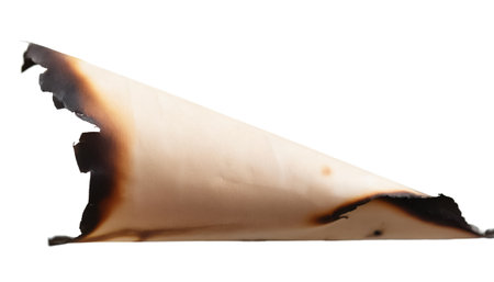 A piece of old parchment paper displaying burnt edges on side position provides copy space for text. background concept isolated whiteの写真素材