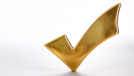A shiny gold tick mark, often symbolizing confirmation or correct choice on side position provides copy space for text. background concept isolated whiteの写真素材