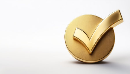 A shiny gold tick mark, often symbolizing confirmation or correct choice on side position provides copy space for text. background concept isolated whiteの写真素材