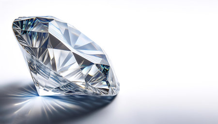 A sparkling diamond with precise, intricate facets reflects light beautifully in a controlled studio environment during daylight hours on side position provides copy space for text. background concept isolated whiteの写真素材