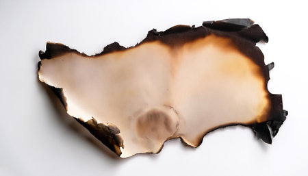 A piece of old parchment paper displaying burnt edges on side position provides copy space for text. background concept isolated whiteの写真素材