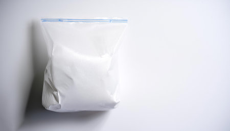A white plastic bag with a white label on side position provides copy space for text. background concept isolated whiteの写真素材