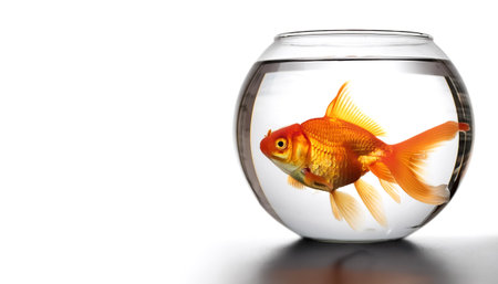 Oranda goldfish in small round aquarium on side position provides copy space for text. background concept isolated whiteの写真素材