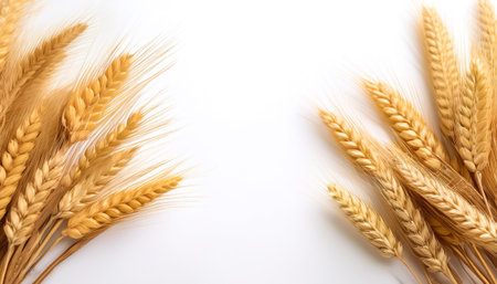 golden wheat on side position provides copy space for text. background concept isolated whiteの写真素材