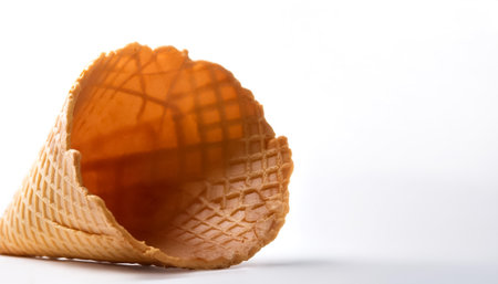Empty waffle cone ready for ice cream on side position provides copy space for text. background concept isolated whiteの写真素材