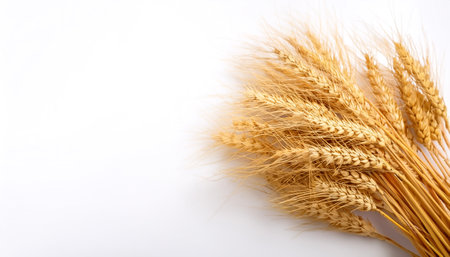 golden wheat on side position provides copy space for text. background concept isolated whiteの写真素材