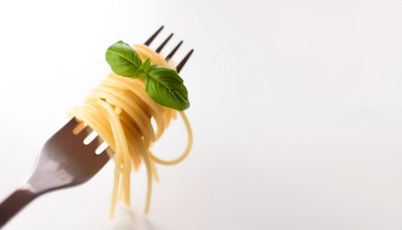 Spaghetti on a fork on side position provides copy space for text. background concept isolated whiteの写真素材