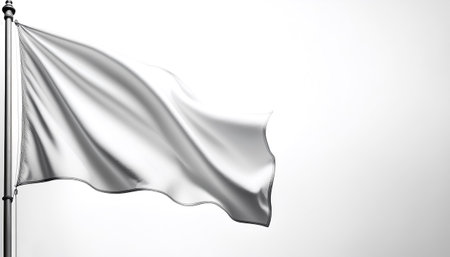 Plain white flag waving on a pole on side position provides copy space for text. background concept isolated whiteの写真素材
