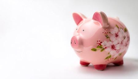 pink flowered piggy bank with coin on side position provides copy space for text. background concept isolated whiteの写真素材