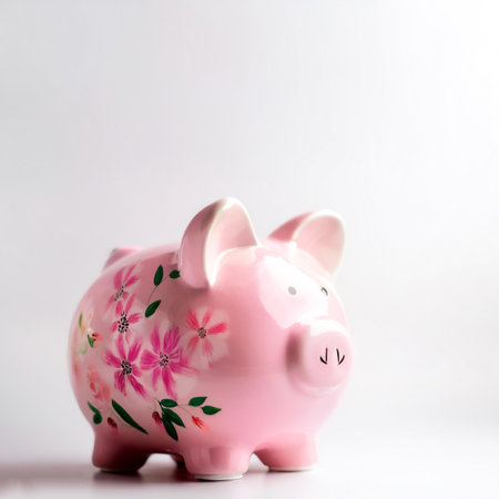 pink flowered piggy bank with coin on side position provides copy space for text. background concept isolated whiteの写真素材