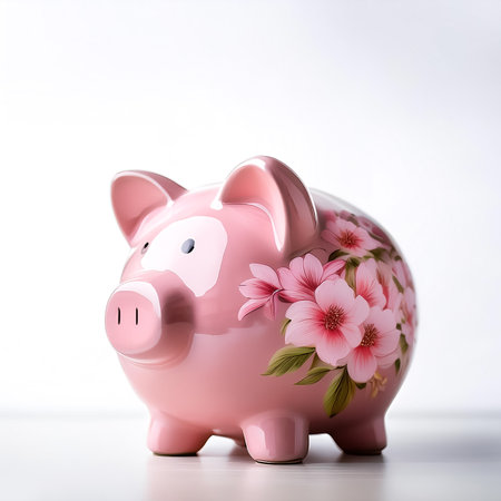 pink flowered piggy bank with coin on side position provides copy space for text. background concept isolated whiteの写真素材