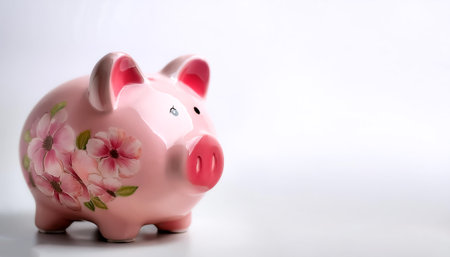 pink flowered piggy bank with coin on side position provides copy space for text. background concept isolated whiteの写真素材