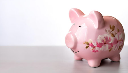 pink flowered piggy bank with coin on side position provides copy space for text. background concept isolated whiteの写真素材
