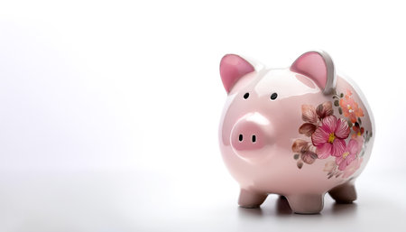 pink flowered piggy bank with coin on side position provides copy space for text. background concept isolated whiteの写真素材