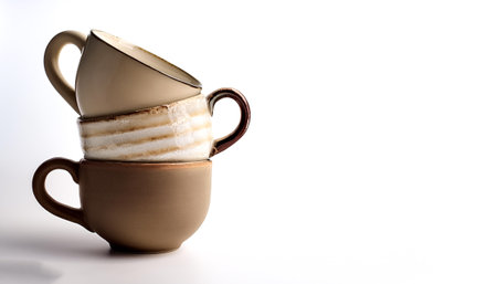 Three vintage ceramic coffee mugs on side position provides copy space for text. background concept isolated whiteの写真素材