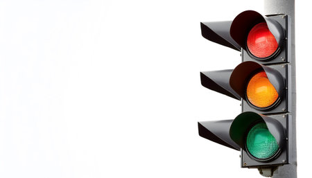 Traffic light on side position provides copy space for text. background concept isolated whiteの写真素材