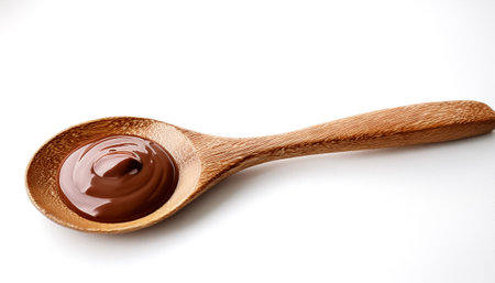 Wooden spoon containing chocolate sauce on side position provides copy space for text. background concept isolated whiteの写真素材
