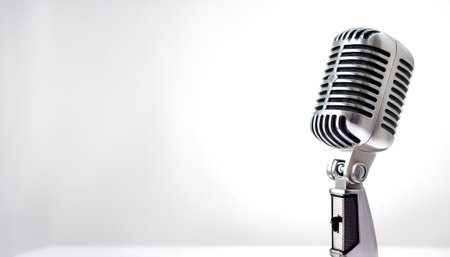 Vintage metal microphone on side position provides copy space for text. background concept isolated whiteの写真素材