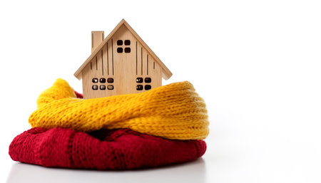 Wooden statuette of a house wrapped in yellow and red knitted scarves on side position provides copy space for text. background concept isolated whiteの写真素材