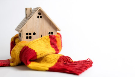 Wooden statuette of a house wrapped in yellow and red knitted scarves on side position provides copy space for text. background concept isolated whiteの写真素材