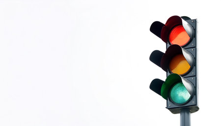 Traffic light on side position provides copy space for text. background concept isolated white