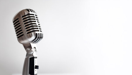 Vintage metal microphone on side position provides copy space for text. background concept isolated...