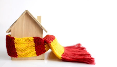 Wooden statuette of a house wrapped in yellow and red knitted scarves on side position provides copy space for text. background concept isolated whiteの写真素材