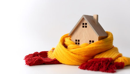 Wooden statuette of a house wrapped in yellow and red knitted scarves on side position provides copy space for text. background concept isolated whiteの写真素材