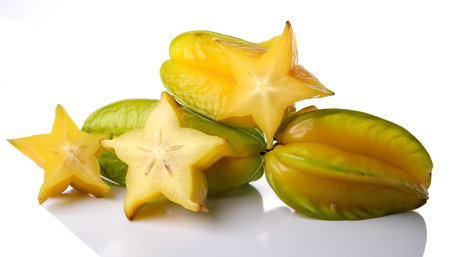 starfruit fruit whole and sliced scattered around background concept isolated whiteの写真素材
