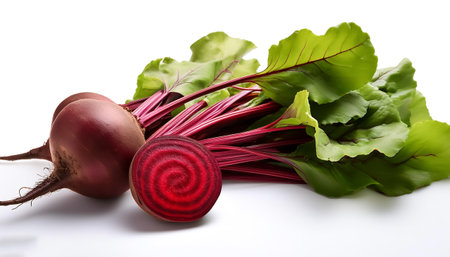 beets with green leaves whole and sliced scattered around background concept isolated white
