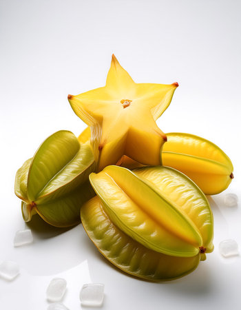 starfruit fruit whole and sliced scattered around background concept isolated whiteの写真素材