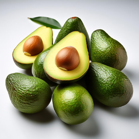 avocado whole and sliced scattered around background concept isolated whiteの写真素材