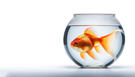 Oranda goldfish in small round aquarium on side position provides copy space for text. background concept isolated whiteの写真素材