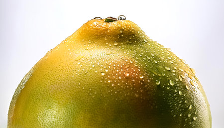 Close-up of fresh Pomelo Fruit with water drops on a pitch solid white backgroundの写真素材